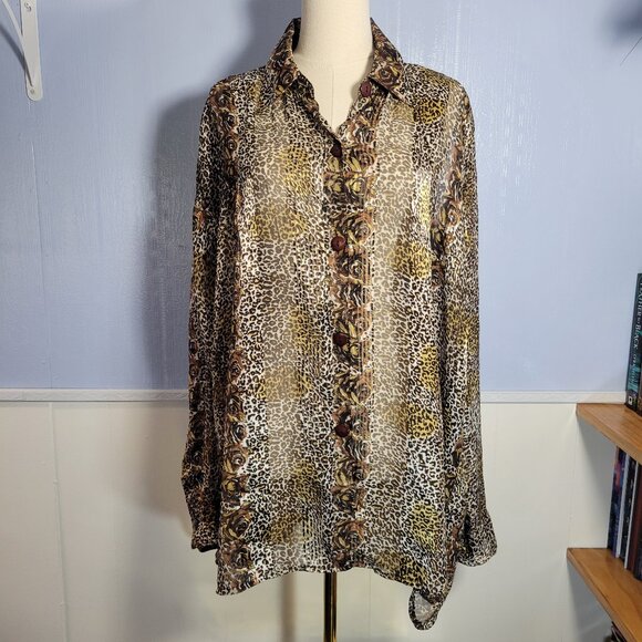 Brisas XXL Brown Tan Animal Print Longsleeve Sheer Button Up Lightweight Blouse - Picture 1 of 10